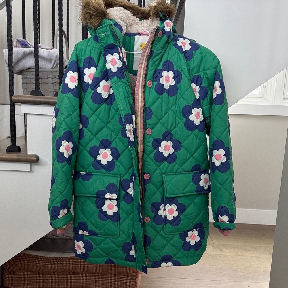 Boden Green Floral Puffer Jacket with Faux Fur Hood